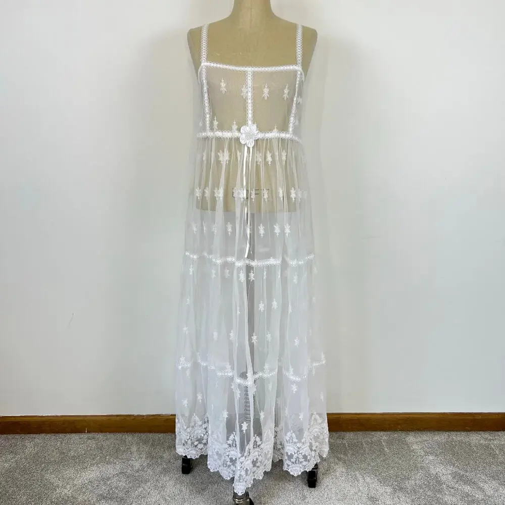 Vintage No Strings Attached Sheer White Floral Coverup Bridal Night Gown Dress M - Picture 13 of 13